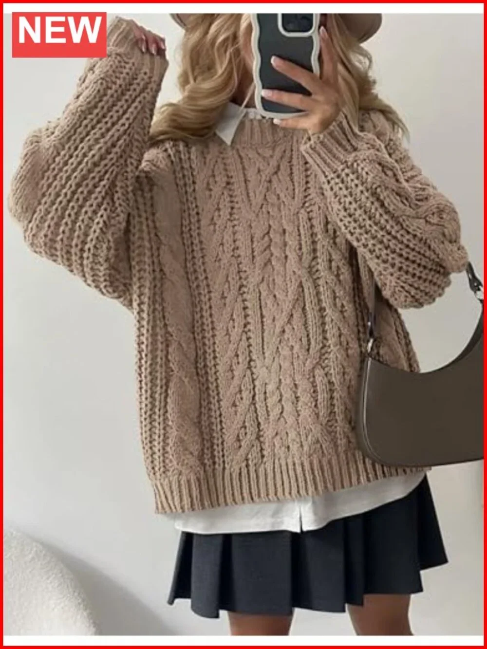 Oversized Chunky Cable Knit Crew Neck Pullover Sweater